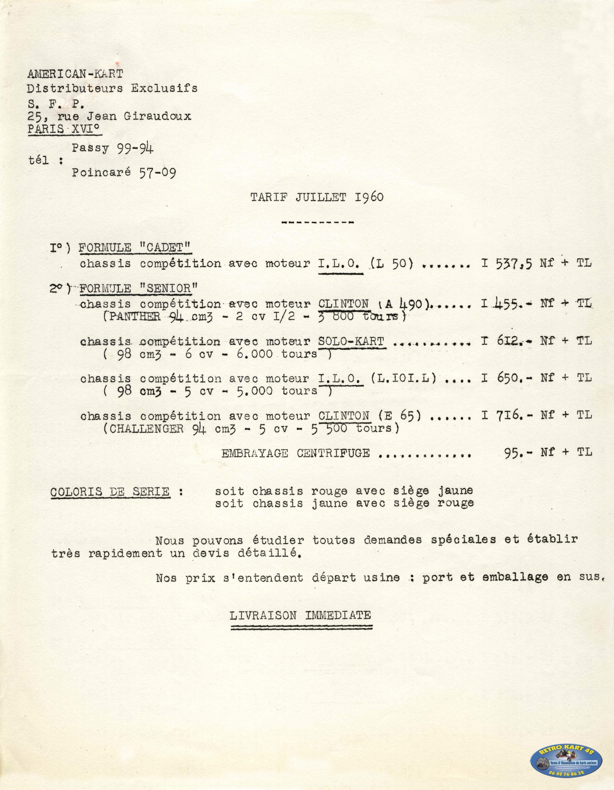 Châssis; SFP Américan Kart; Paris; JLO; Clinton; PPK; Solo-Kart; 1960